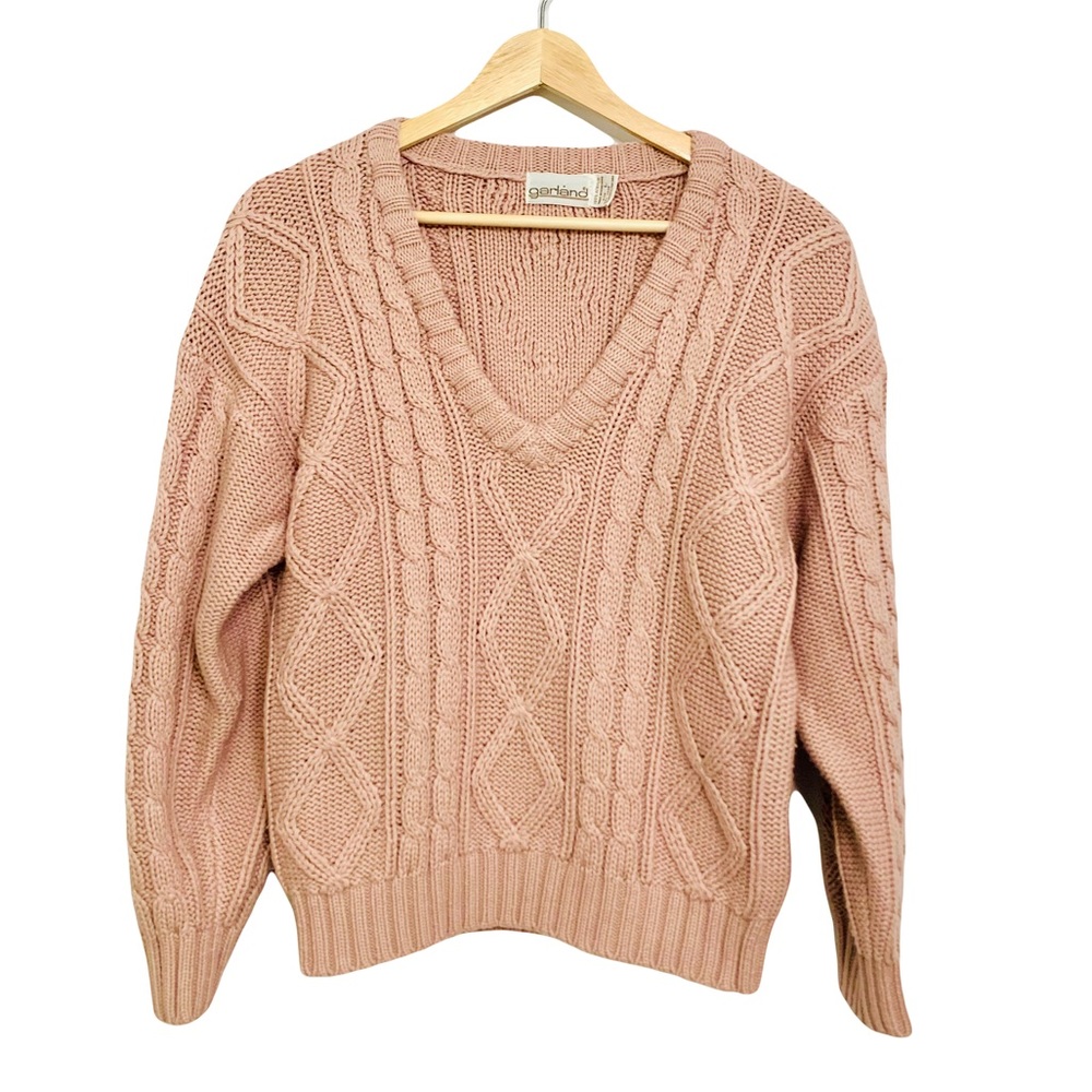 Vintage V-Neck Chunky Cable Knit Long Sleeve Sweater in Blush Pink Size Large
